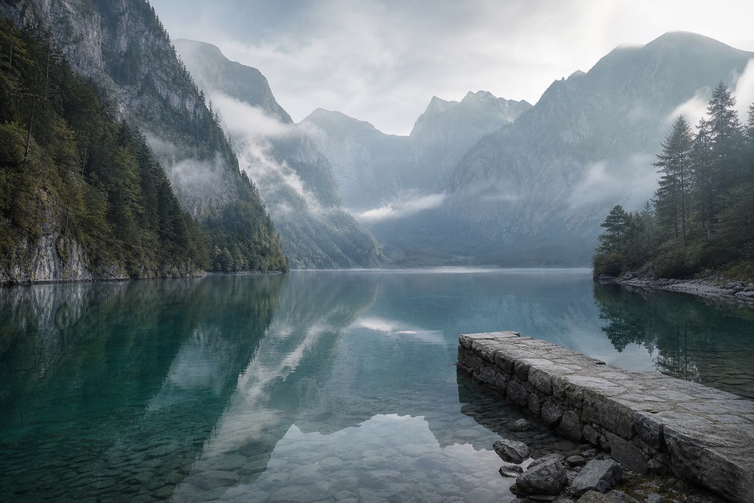 Stillgelegter Alpensee mit Berghängen im Morgennebel