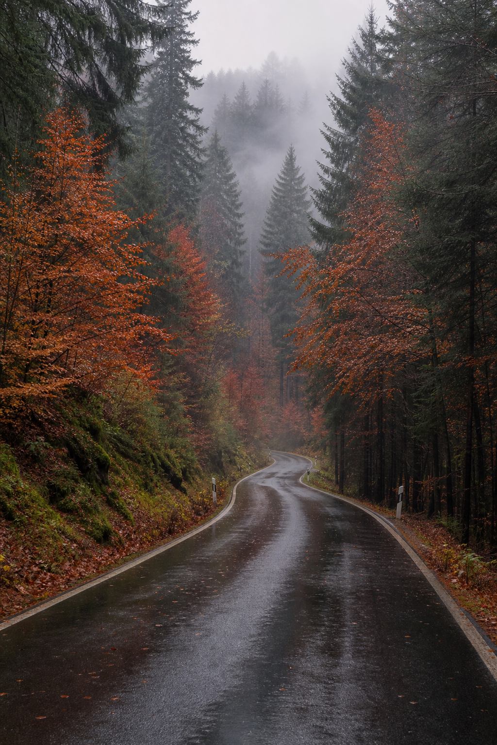 Nasse Herbststraße zwischen Tannen und Kupferbuchen im Schwarzwald